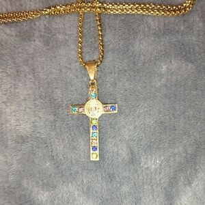 Elegant Gold Cross Necklace with Multicolor Stones